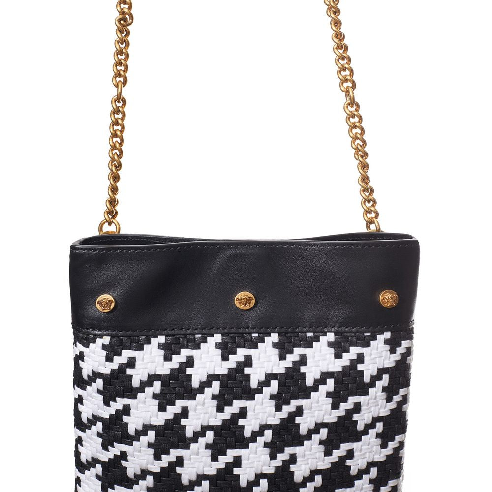 Versace Black And White Leather And Textile Shoulder Bag Versace