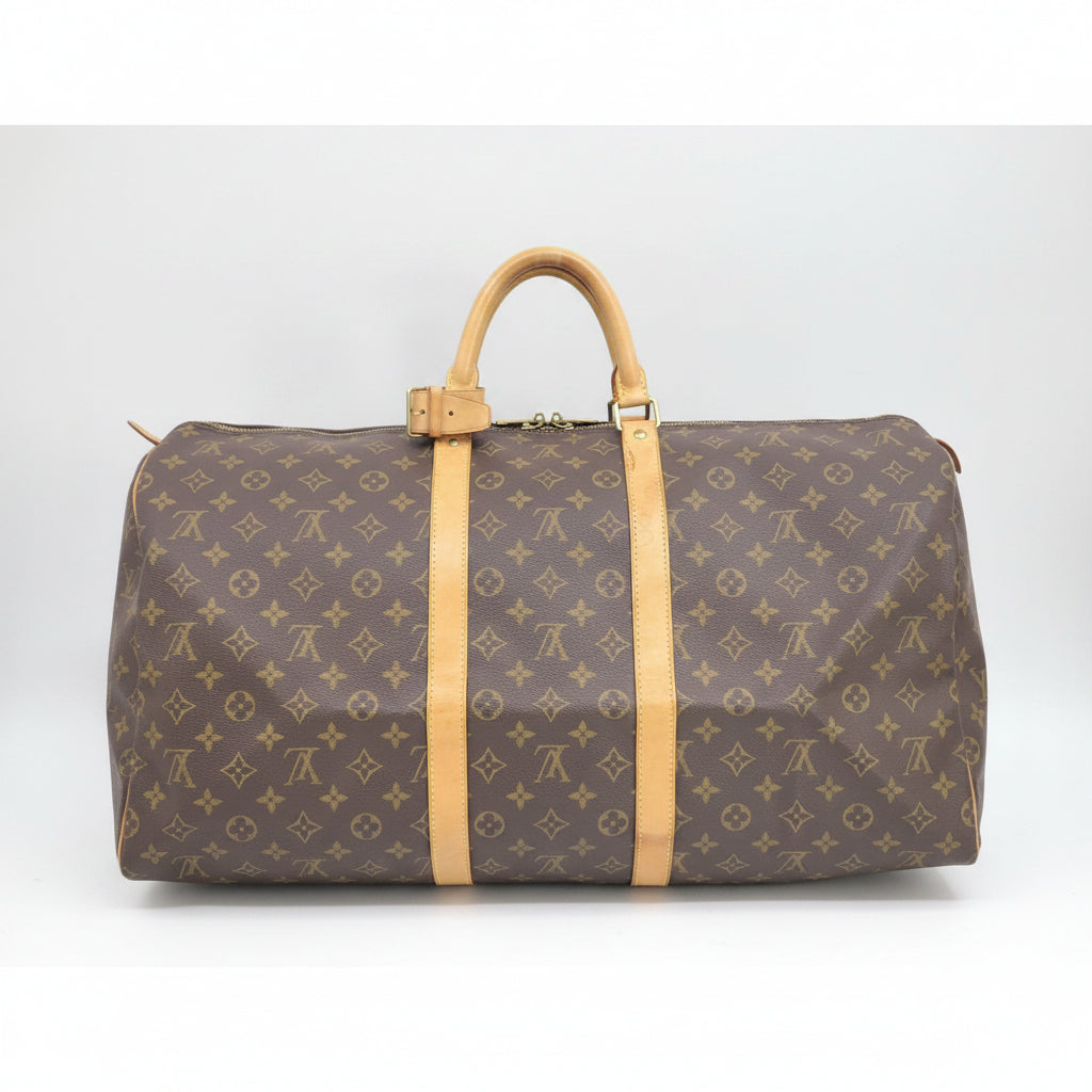 "Authentic Louis Vuitton Monogram Keepall 55 travel bag, brown monogram canvas, preloved grade B, front view"