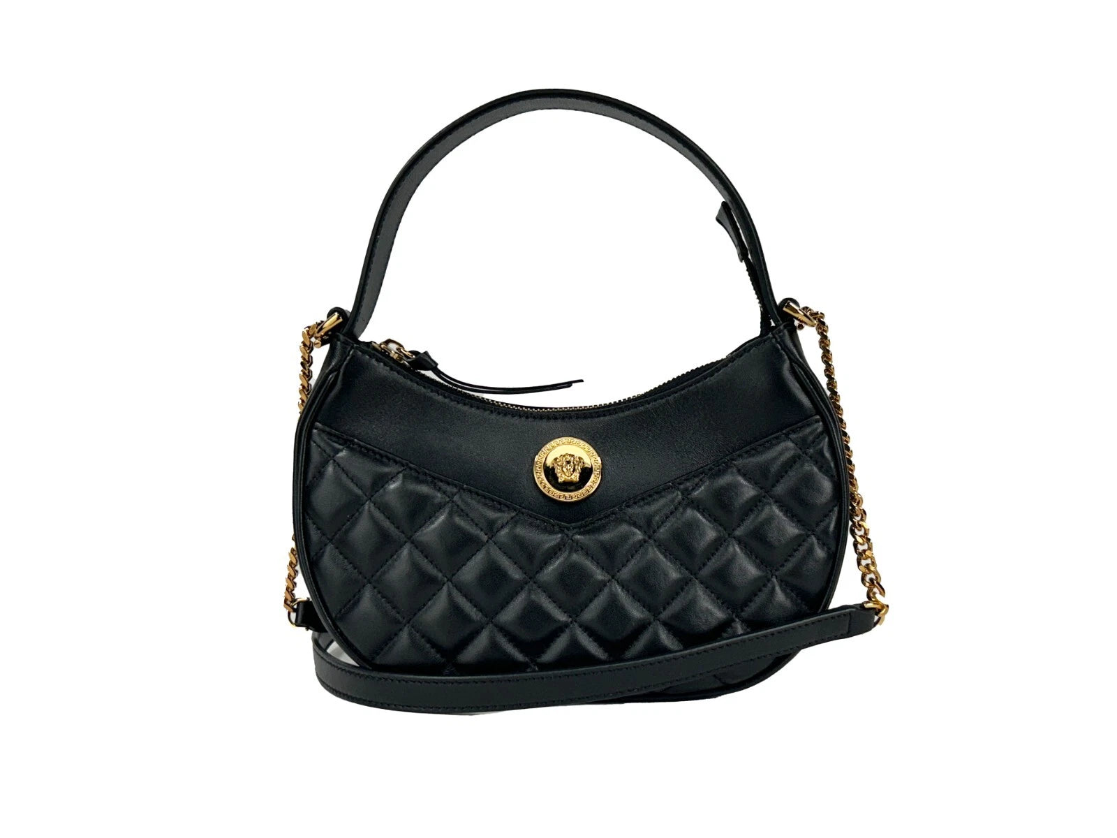 Versace Quilted Black Leather Half Moon Chain Crossbody Bag Versace