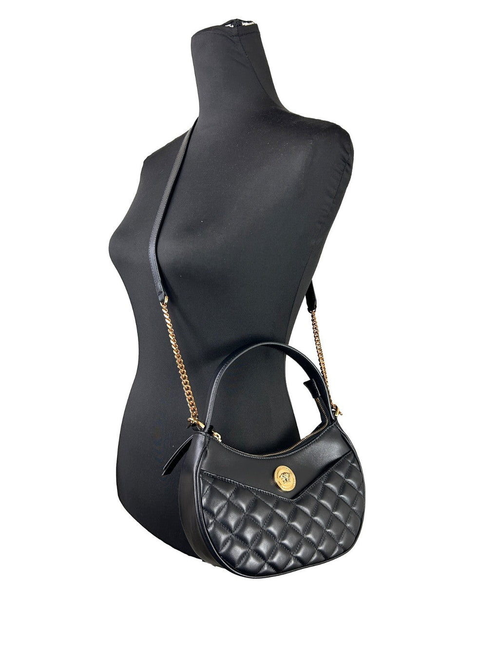 Versace Quilted Black Leather Half Moon Chain Crossbody Bag Versace