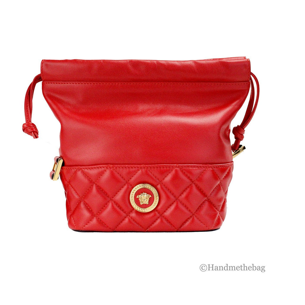 Versace Red Quilted Leather Drawstring Shoulder Bag Bucket Crossbody Handbag Versace