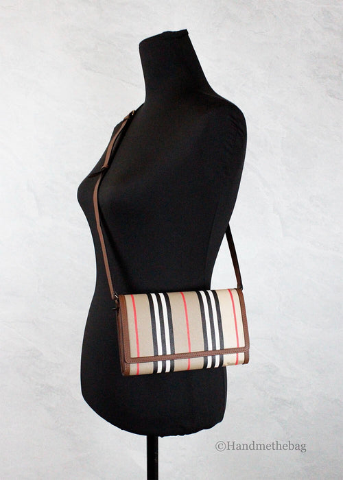 Burberry Hannah Icon Stripe Archive Tan E-Canvas Leather Wallet Crossbody Bag Burberry