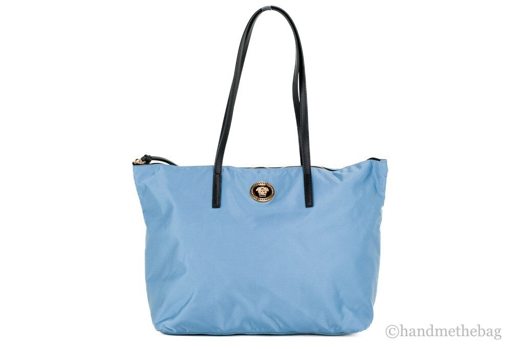 Versace Portuna Medusa Medium Cornflower Blue Nylon Leather Tote Bag Purse Versace