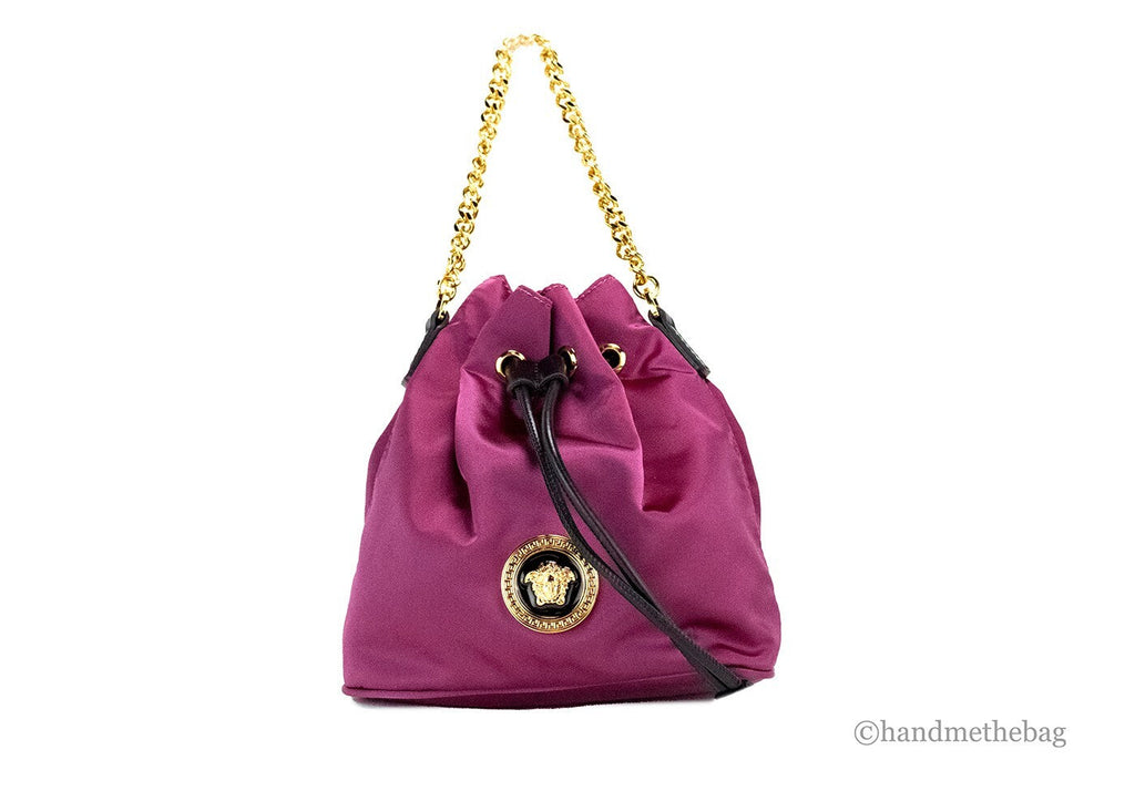 Versace Small Dahlia Nylon Medusa Pendant Bucket Chain Crossbody Bag Purse Versace