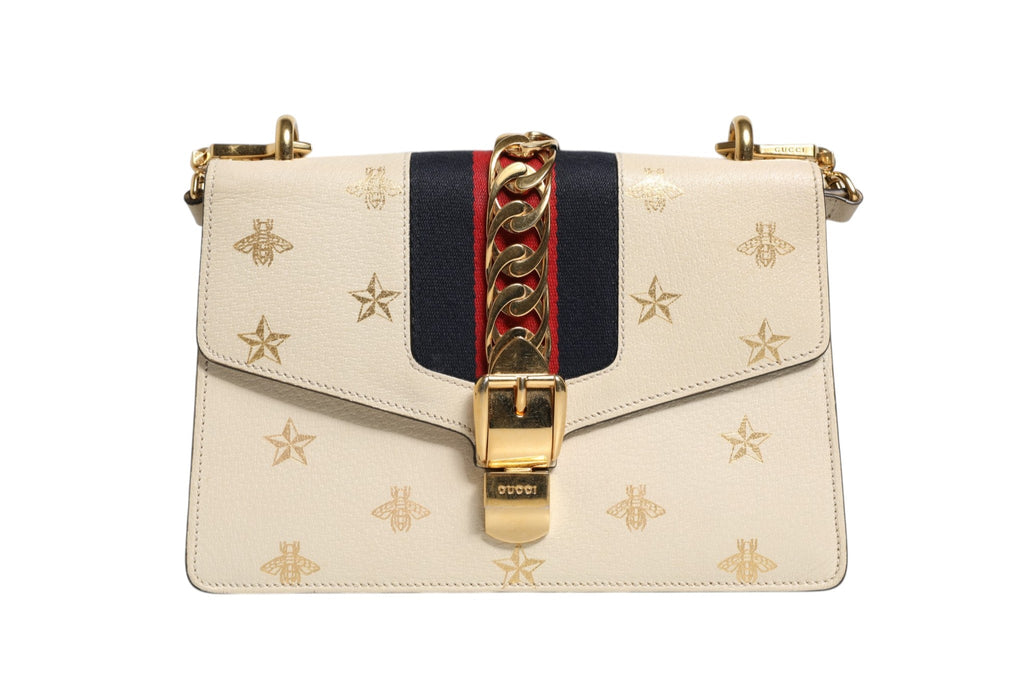Gucci Cream Leather with a Bee and Star Print Leather Sylvie Crossbody Bag Gucci