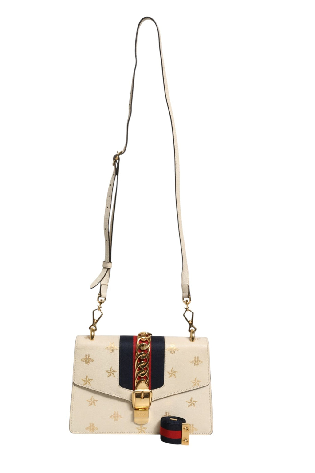 Gucci Cream Leather with a Bee and Star Print Leather Sylvie Crossbody Bag Gucci