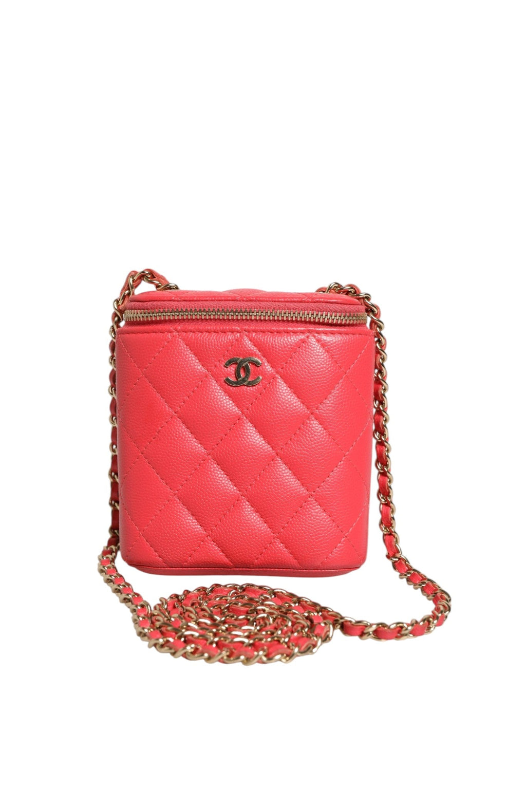Chanel Red Caviar Quilted Small Vertical Coco Beauty Vanity Case with Chain Chanel