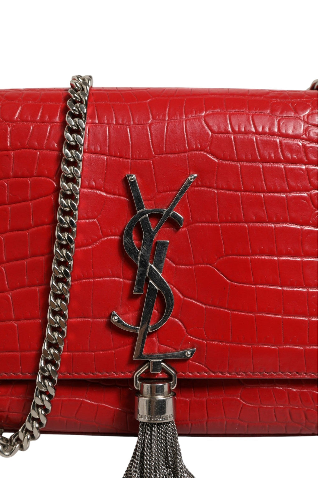 Saint Laurent Kate Tassel Chain Bag in Red Crocodile Embossed Leather Saint Laurent