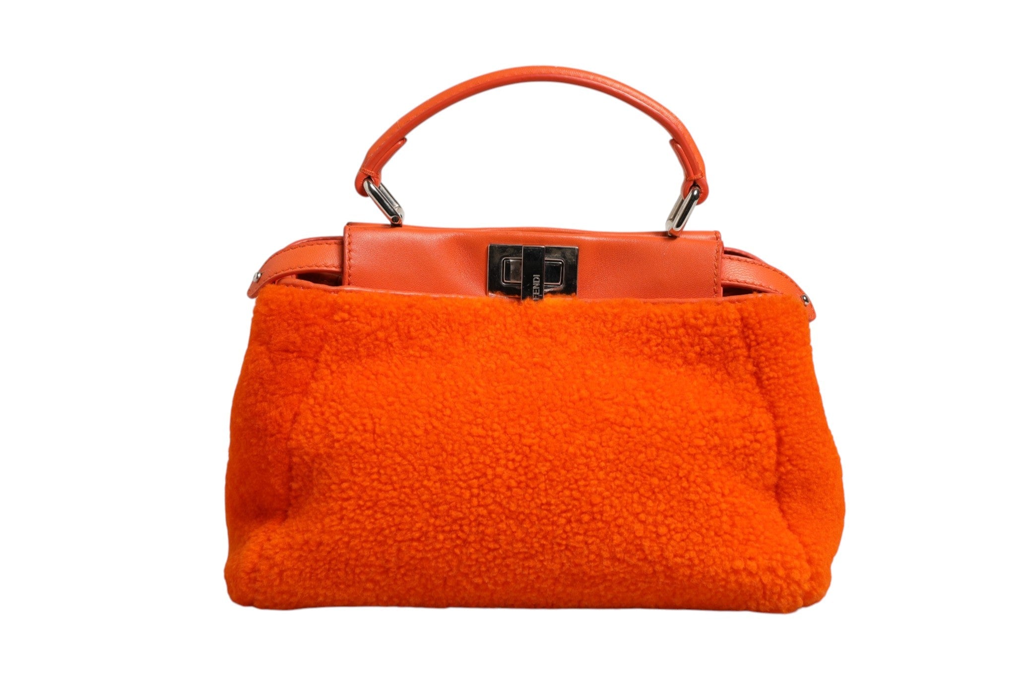 Fendi Orange Leather and Shearling Mini Peekaboo Top Handle Bag Fendi