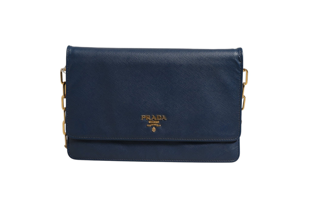 Prada Blue Saffiano Leather Wallet on Chain Clutch Bag Prada