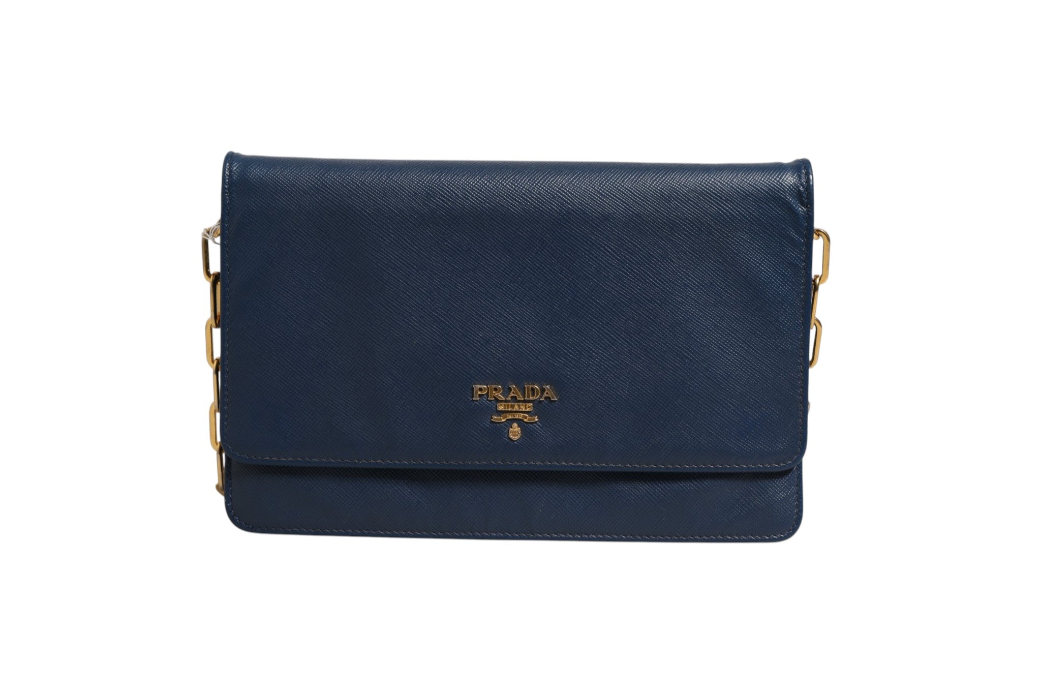 Prada Blue Saffiano Leather Wallet on Chain Clutch Bag Prada