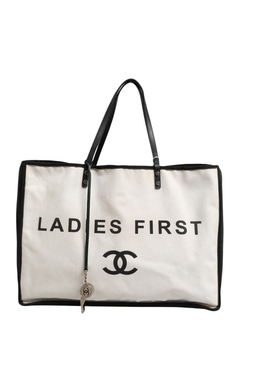 Chanel Ladies First White and Black Canvas Shopper Tote Bag Chanel