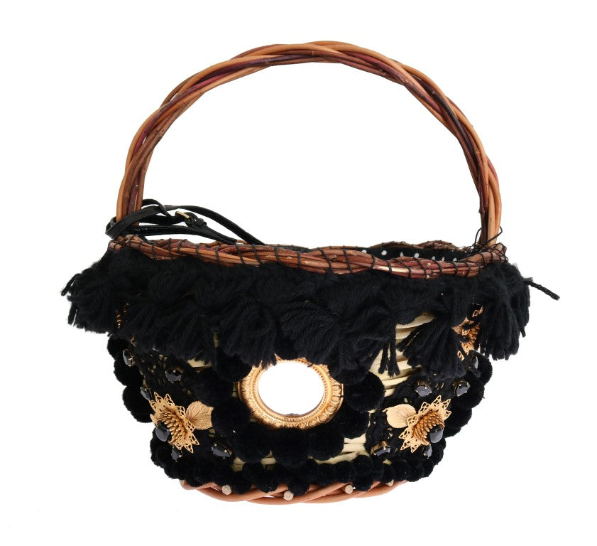 Dolce & Gabbana Beige Straw Snakeskin Pom Pom Crystal AGNESE Bag - Lusso Punto