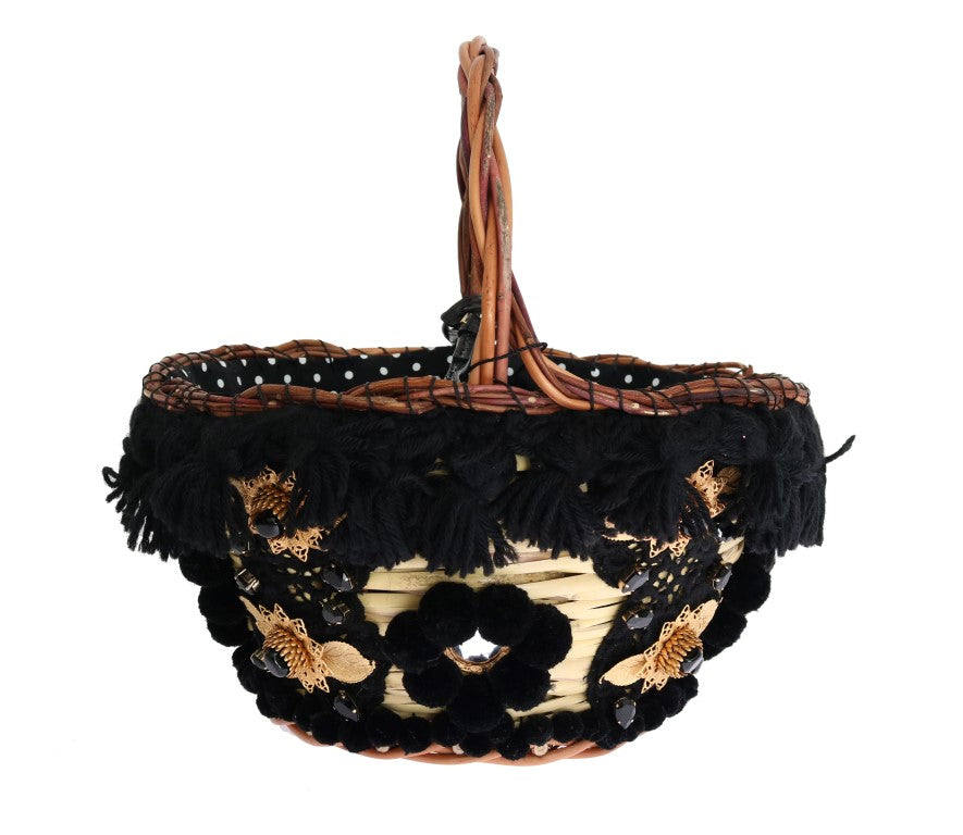 Dolce & Gabbana Beige Straw Snakeskin Pom Pom Crystal AGNESE Bag - Lusso Punto