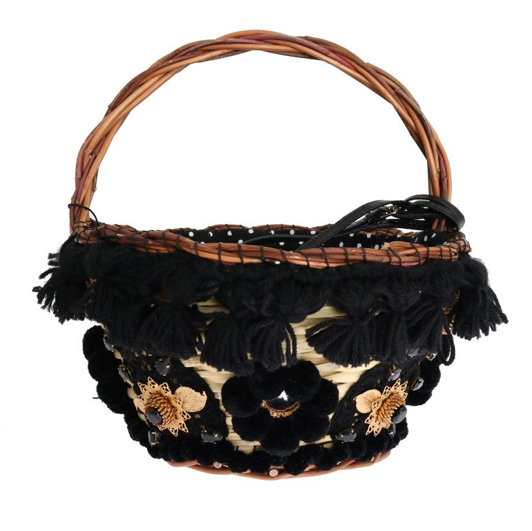 Dolce & Gabbana Beige Straw Snakeskin Pom Pom Crystal AGNESE Bag - Lusso Punto