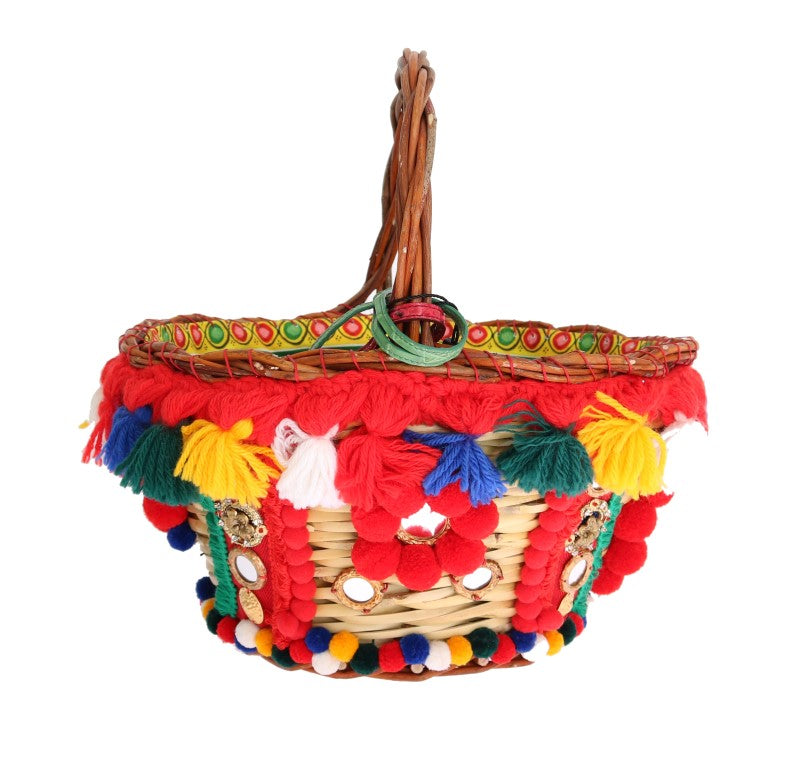 Dolce & Gabbana Multicolor AGNESE Straw Crystal  Pom Pom Bag - Lusso Punto