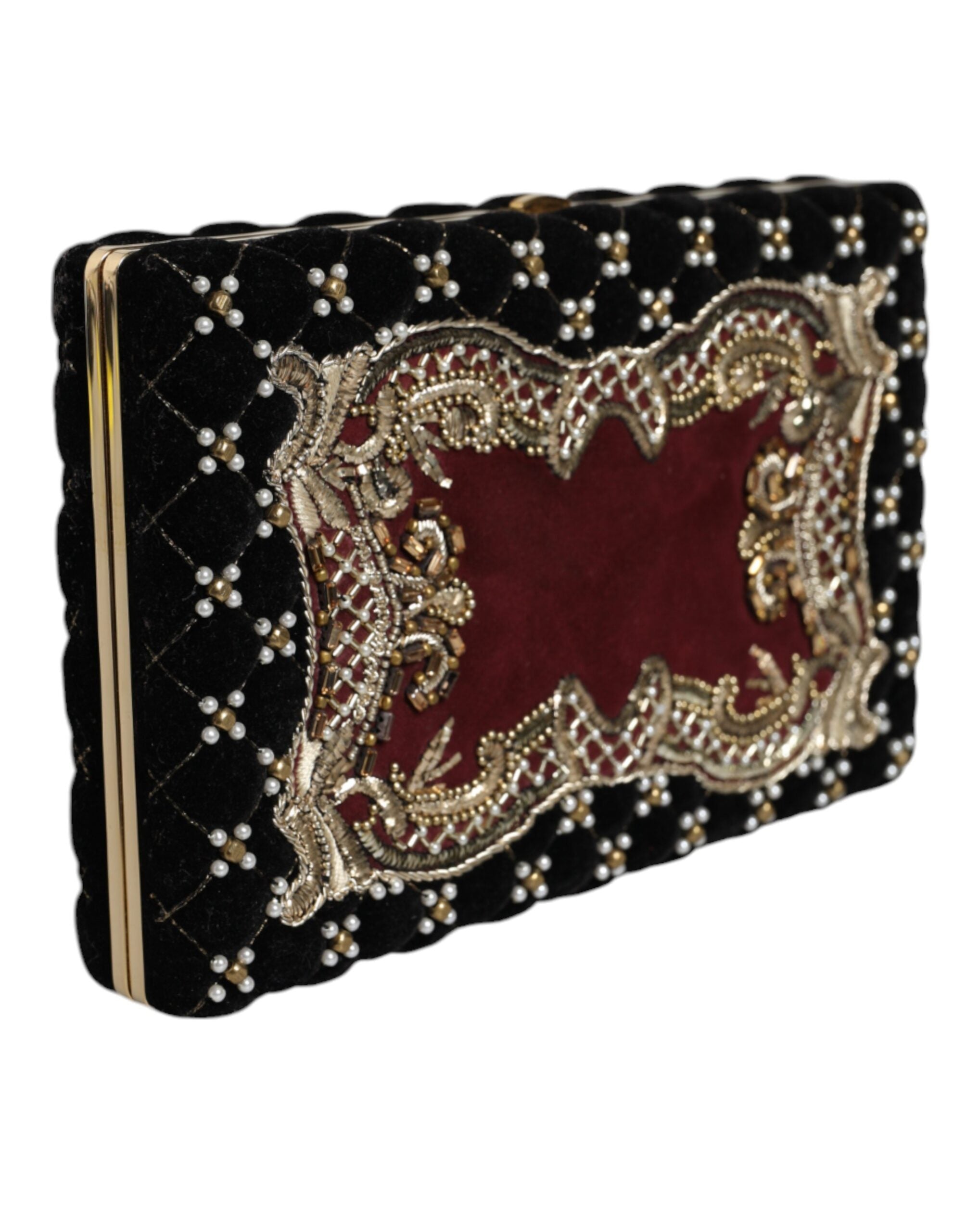 Dolce & Gabbana Bordeaux Black Velvet Gold Frame Clutch Evening Purse Bag - Lusso Punto