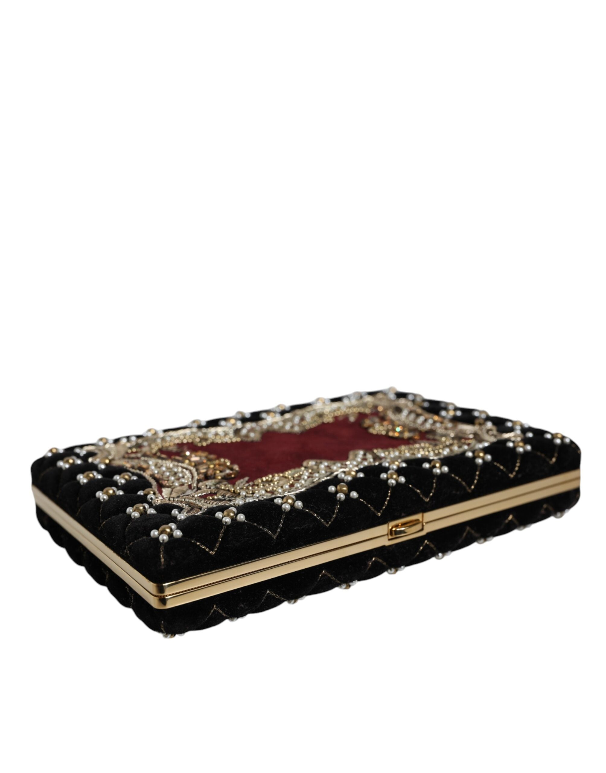 Dolce & Gabbana Bordeaux Black Velvet Gold Frame Clutch Evening Purse Bag - Lusso Punto
