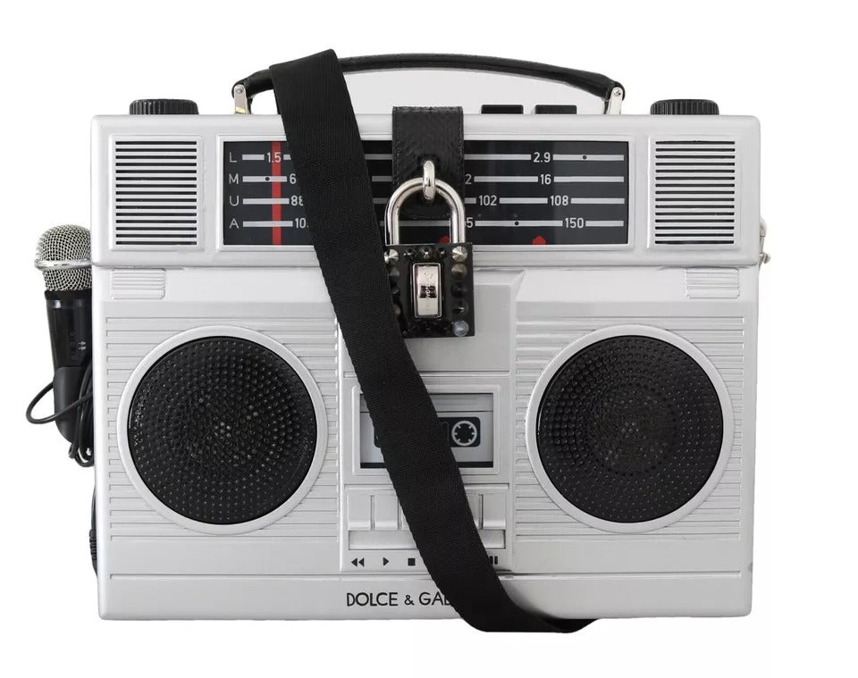 Dolce & Gabbana Silver Retro Radio Boombox Limited Edition Handmade Wood Bag Dolce & Gabbana