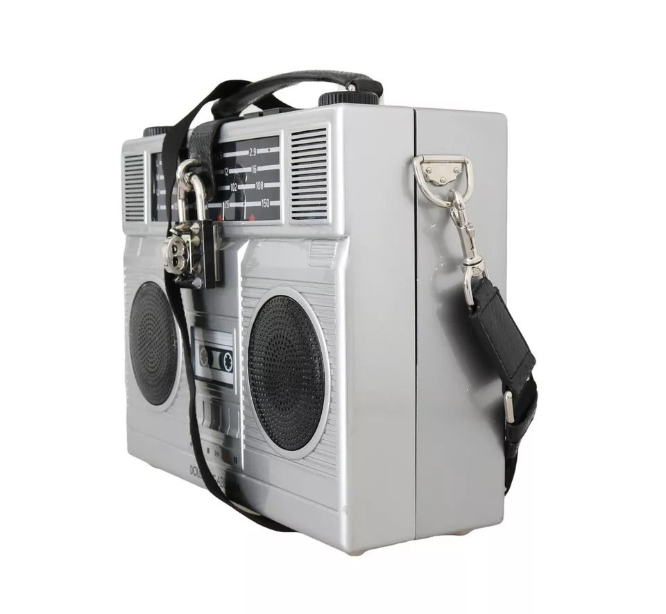Dolce & Gabbana Silver Retro Radio Boombox Limited Edition Handmade Wood Bag Dolce & Gabbana