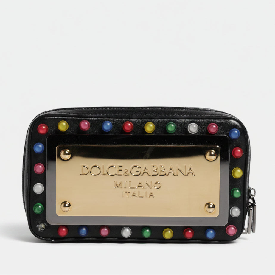 Dolce & Gabbana Black Leather LED Logo Wrist Strap Clutch Bag Dolce & Gabbana