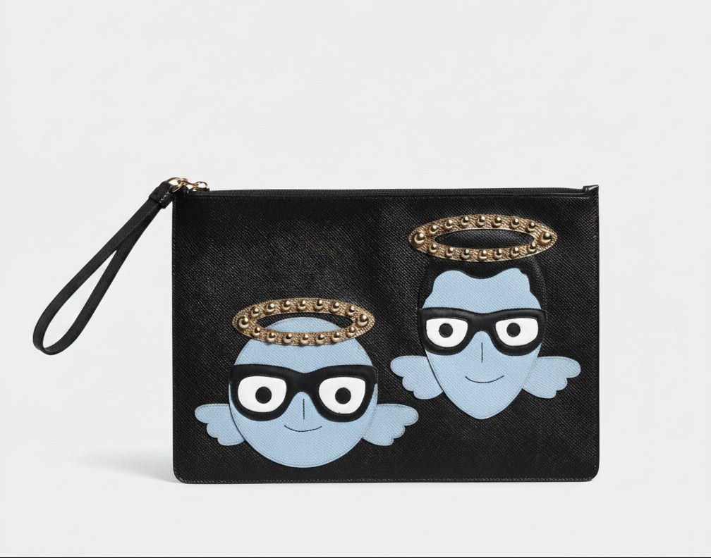 Dolce & Gabbana Black Leather #DGFAMILY Embellished Men Zip Pouch Bag Dolce & Gabbana