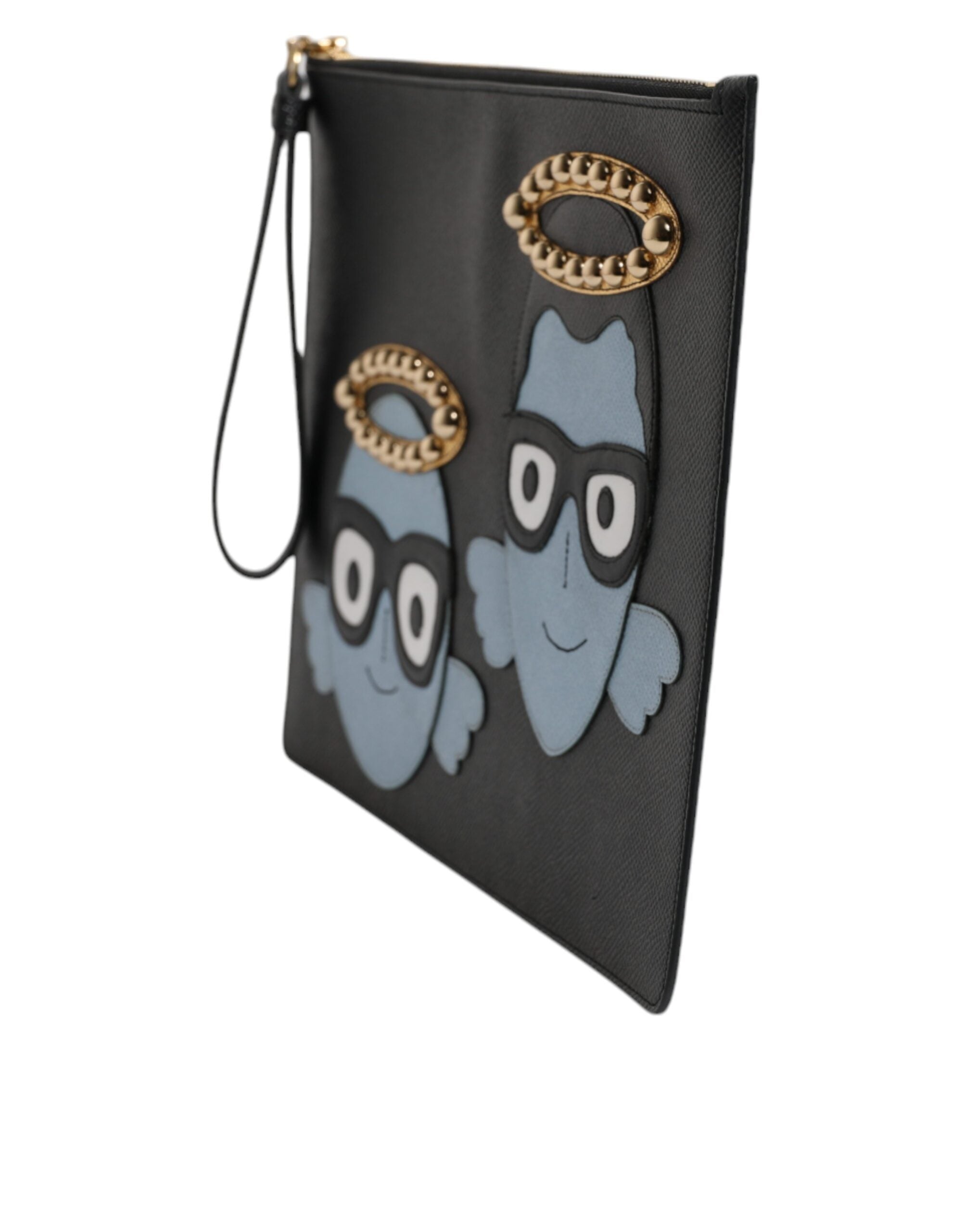 Dolce & Gabbana Black Leather #DGFamily Embellished Zip Pouch Bag Dolce & Gabbana