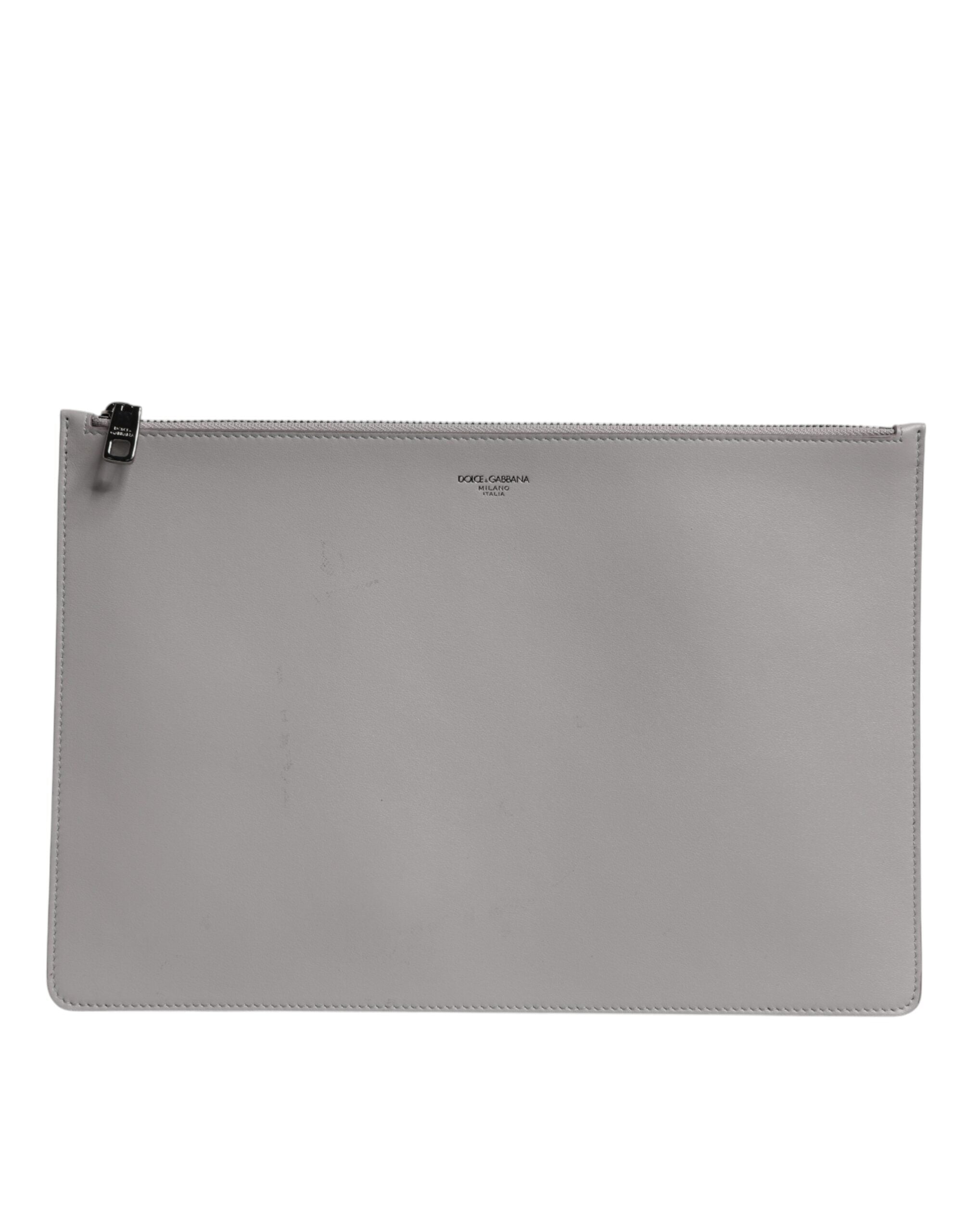 Dolce & Gabbana Gray Solid Leather DG Logo Men Clutch Zip Pouch Dolce & Gabbana