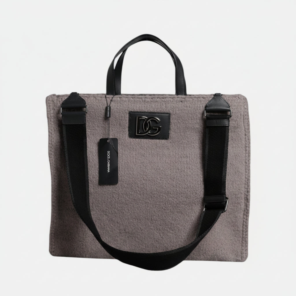 Dolce & Gabbana Grey Alpaca Wool Logo Plaque Tote Shoulder Bag Dolce & Gabbana