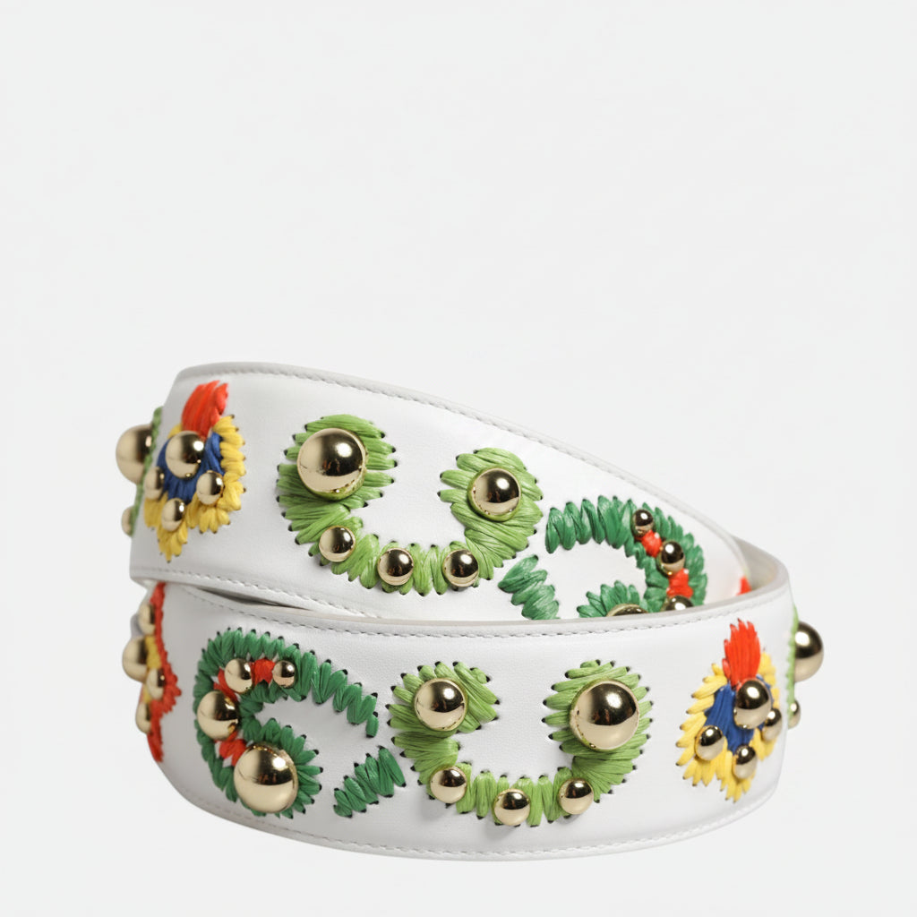 Dolce & Gabbana White Calfskin Raffia Embroidered Patchwork Shoulder Strap Dolce & Gabbana