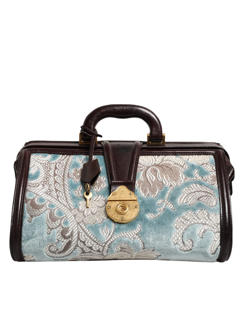 Dolce & Gabbana Blue Brown Floral Jacquard Leather Duffel Travel Bag Dolce & Gabbana