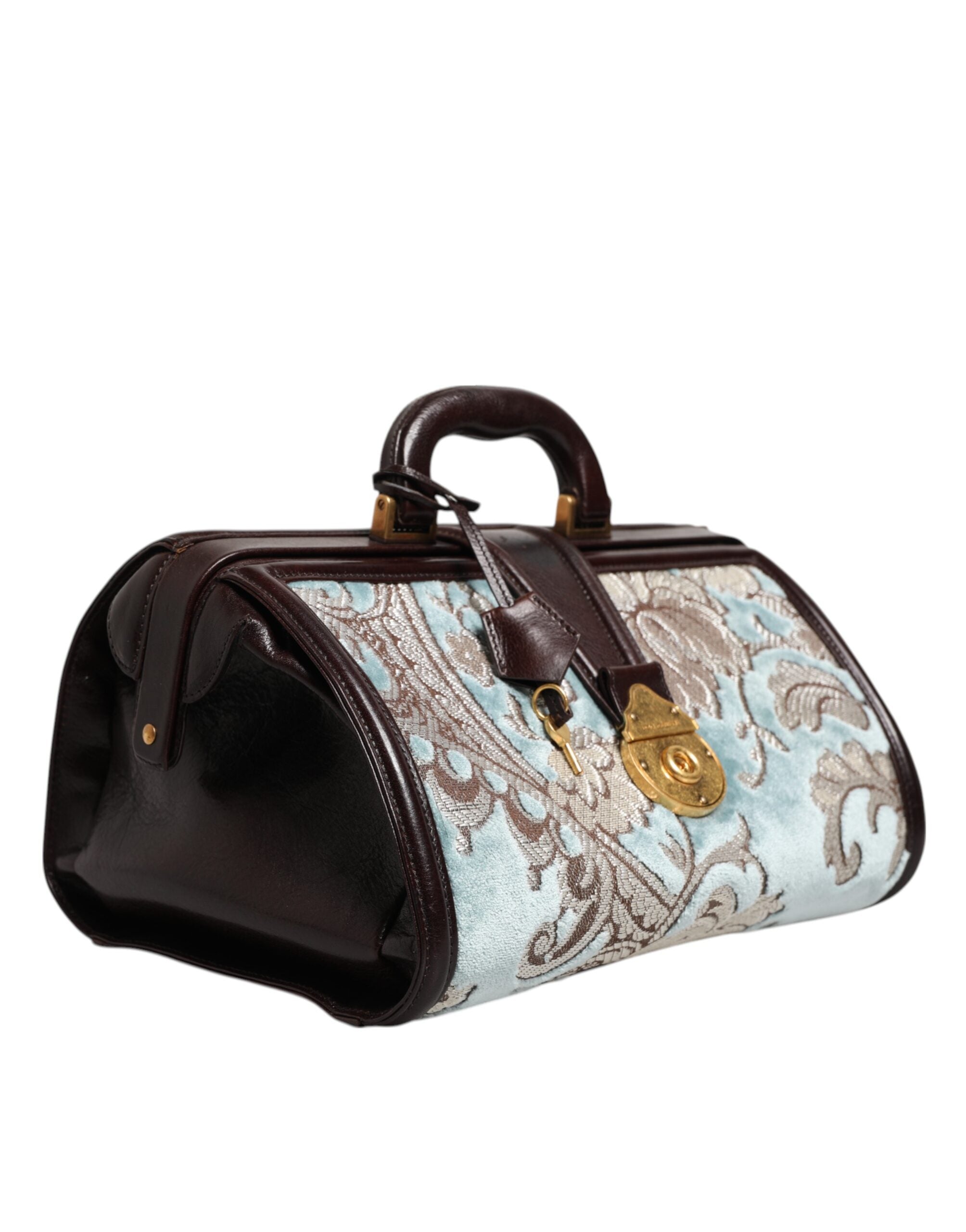 Dolce & Gabbana Blue Brown Floral Jacquard Leather Duffel Travel Bag Dolce & Gabbana