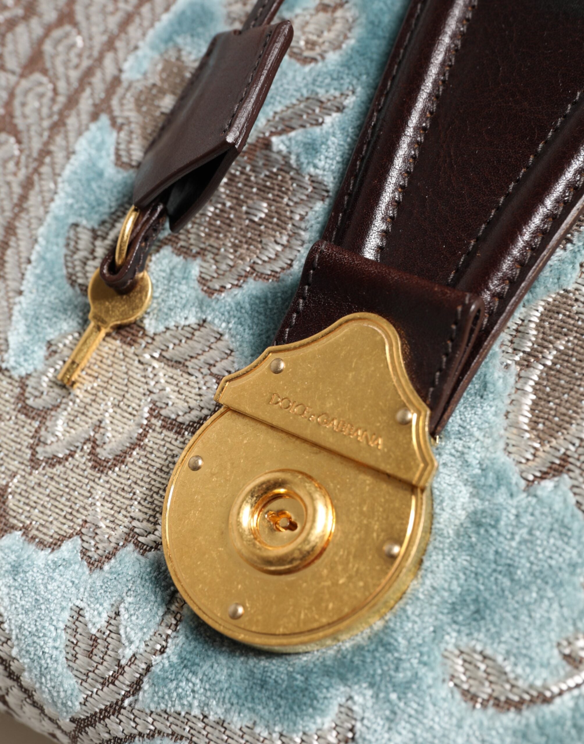 Dolce & Gabbana Blue Brown Floral Jacquard Leather Duffel Travel Bag Dolce & Gabbana