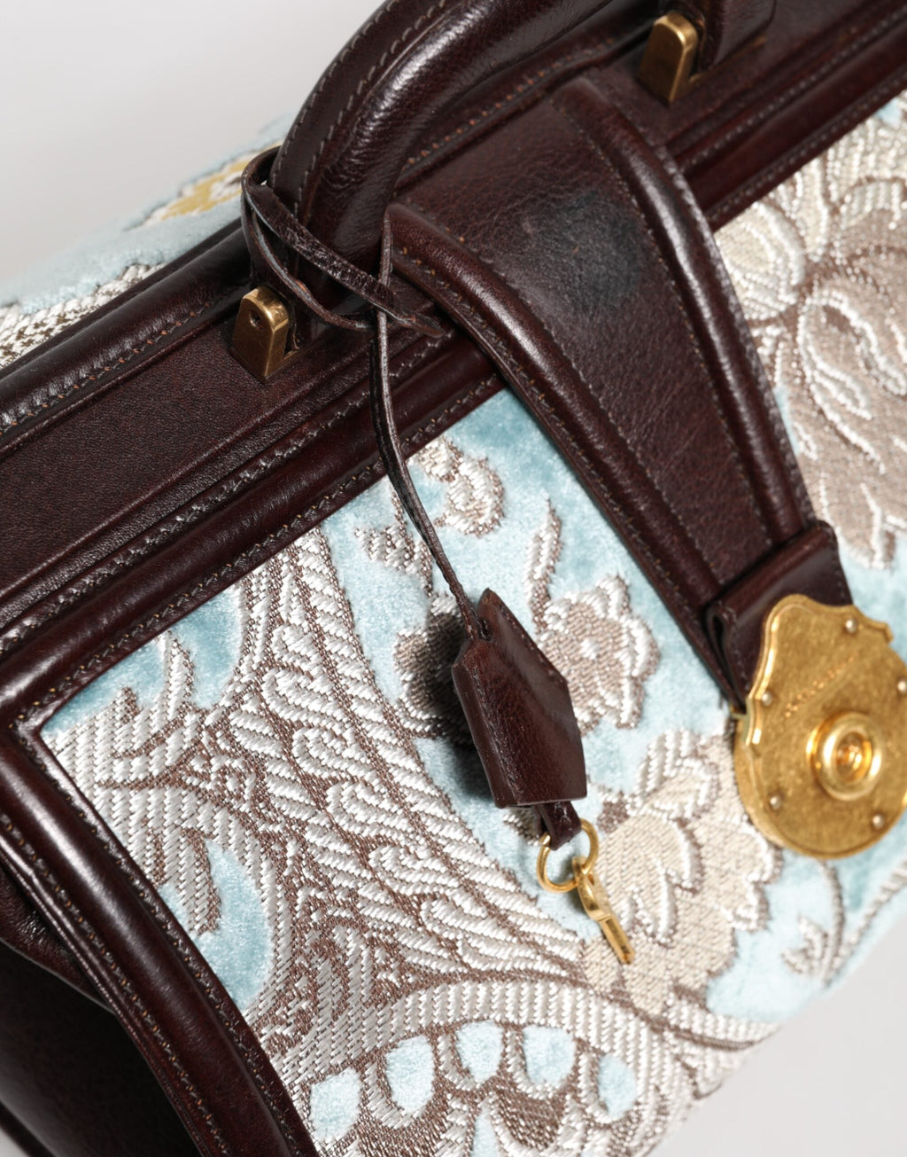 Dolce & Gabbana Blue Brown Floral Jacquard Leather Duffel Travel Bag Dolce & Gabbana