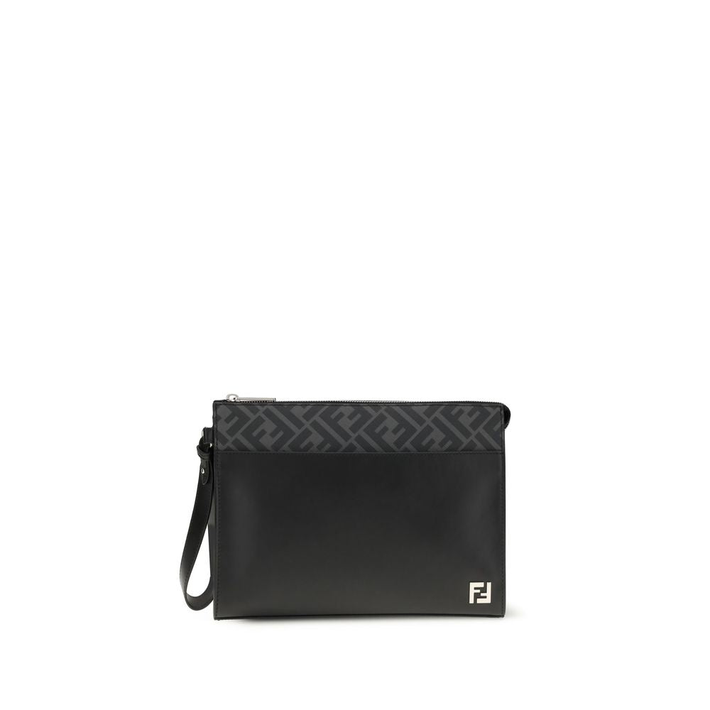 Fendi Black FF Canvas & Calf Leather Pouch with Metal Logo Fendi
