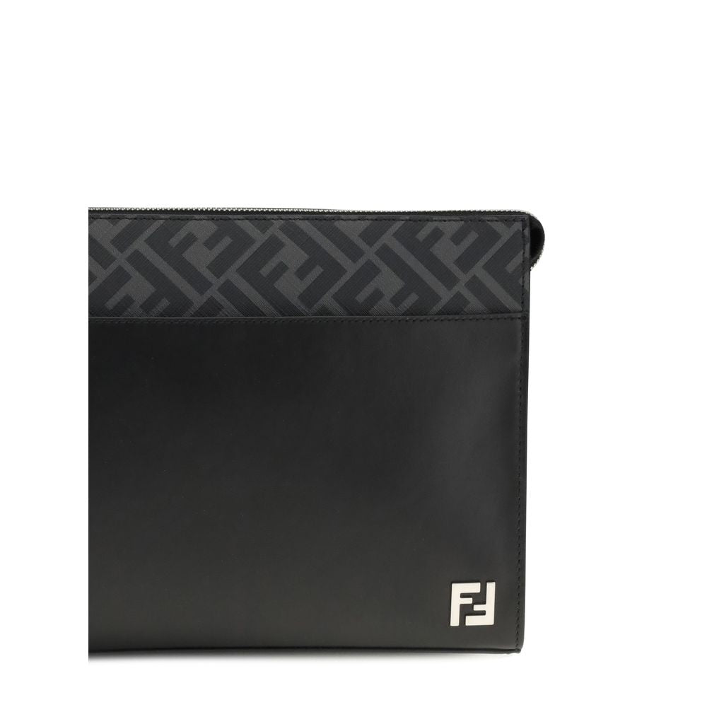 Fendi Black FF Canvas & Calf Leather Pouch with Metal Logo Fendi