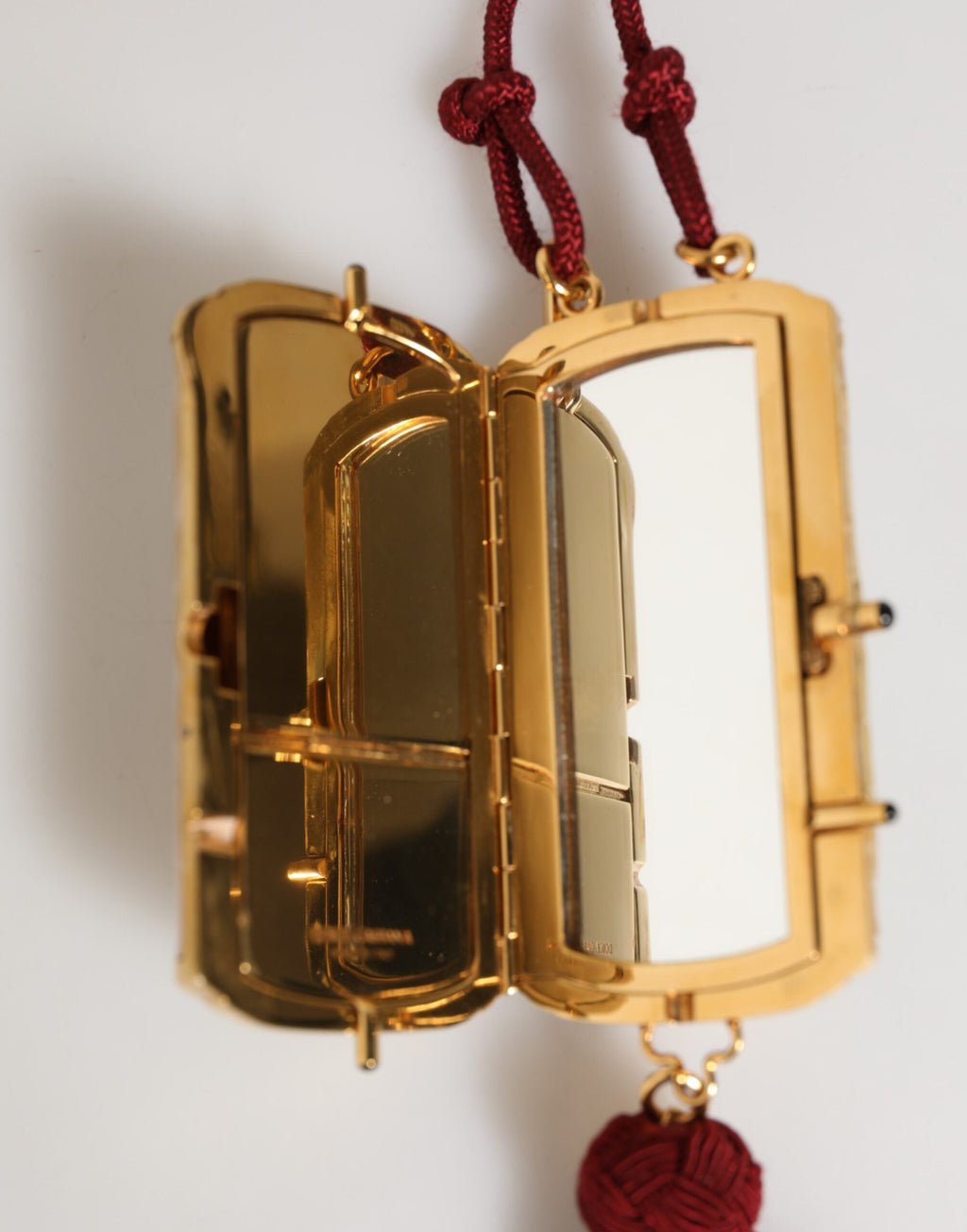 Dolce & Gabbana White Pearl Resin Mini Mirror Bag with Red Tassel Dolce & Gabbana