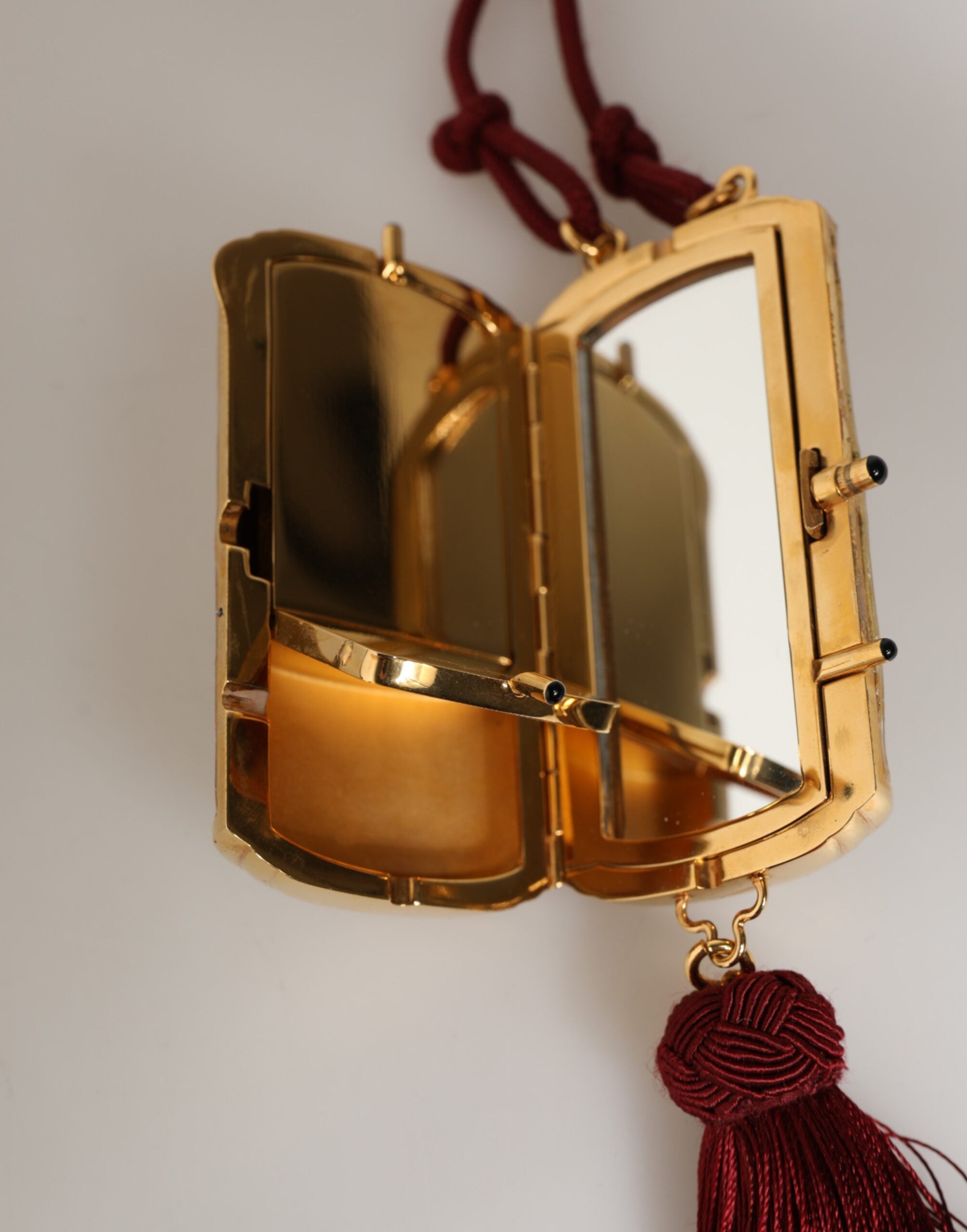 Dolce & Gabbana White Pearl Resin Mini Mirror Bag with Red Tassel Dolce & Gabbana