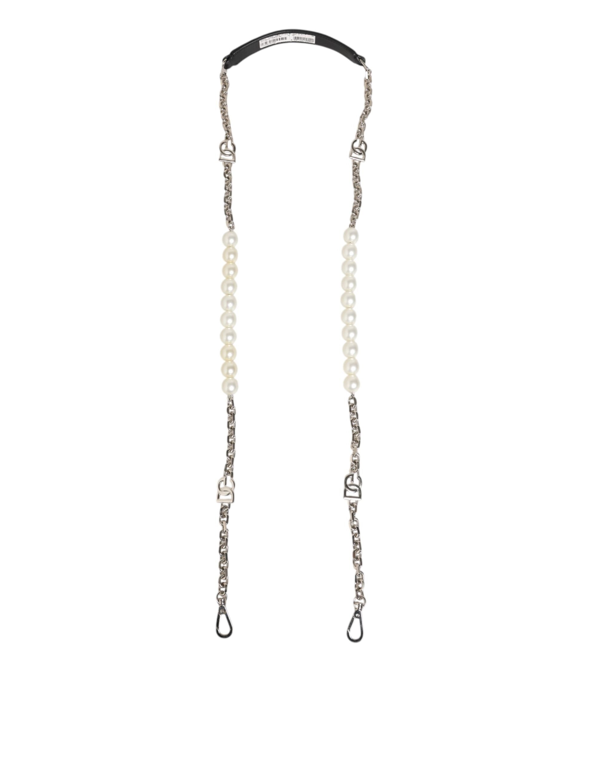 Dolce & Gabbana Black Leather Silver Chain & Pearl Bag Shoulder Strap Dolce & Gabbana