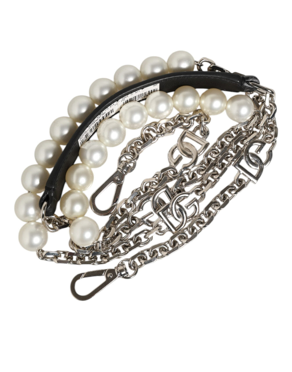 Dolce & Gabbana Black Leather Silver Chain & Pearl Bag Shoulder Strap Dolce & Gabbana