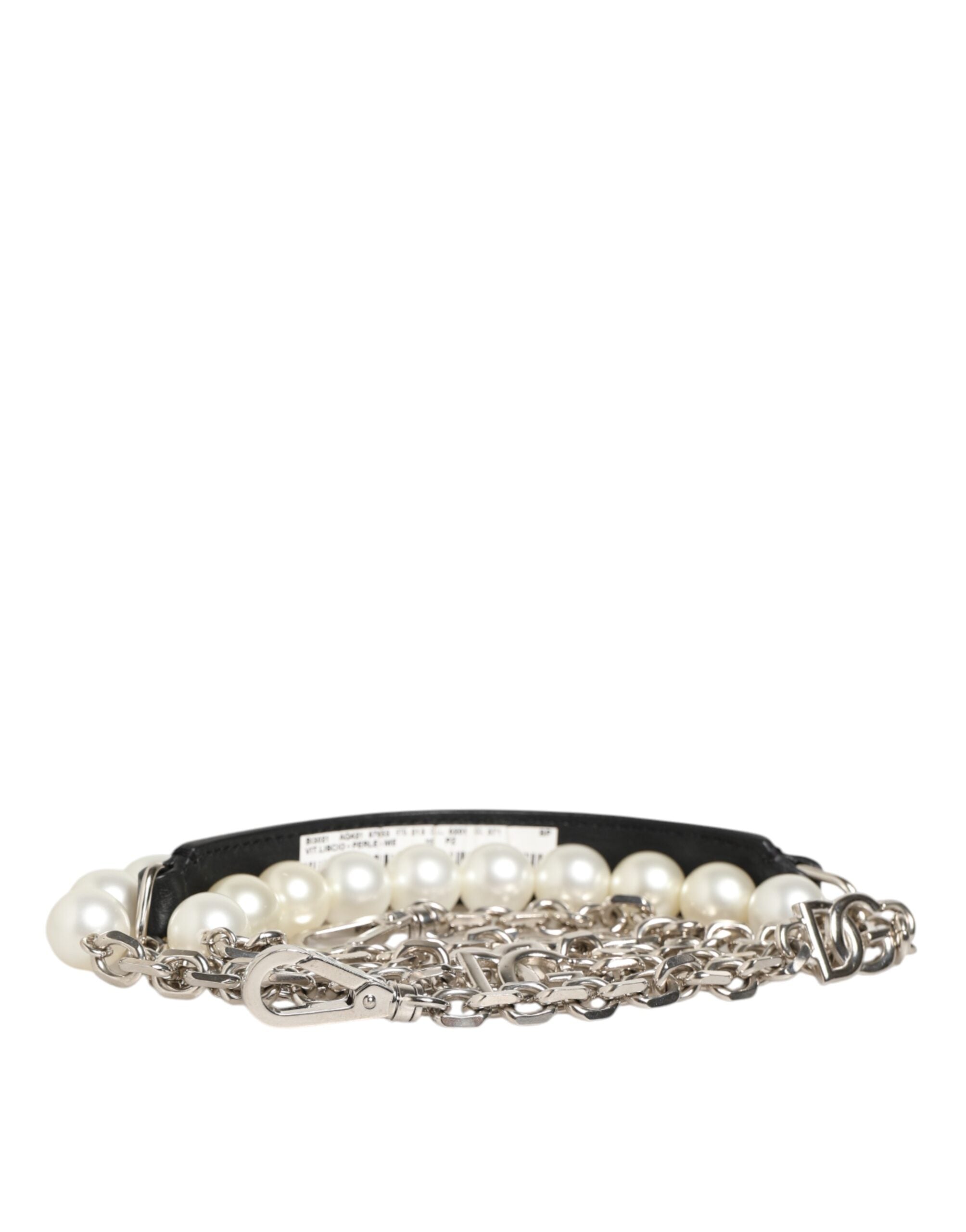 Dolce & Gabbana Black Leather Silver Chain & Pearl Bag Shoulder Strap Dolce & Gabbana