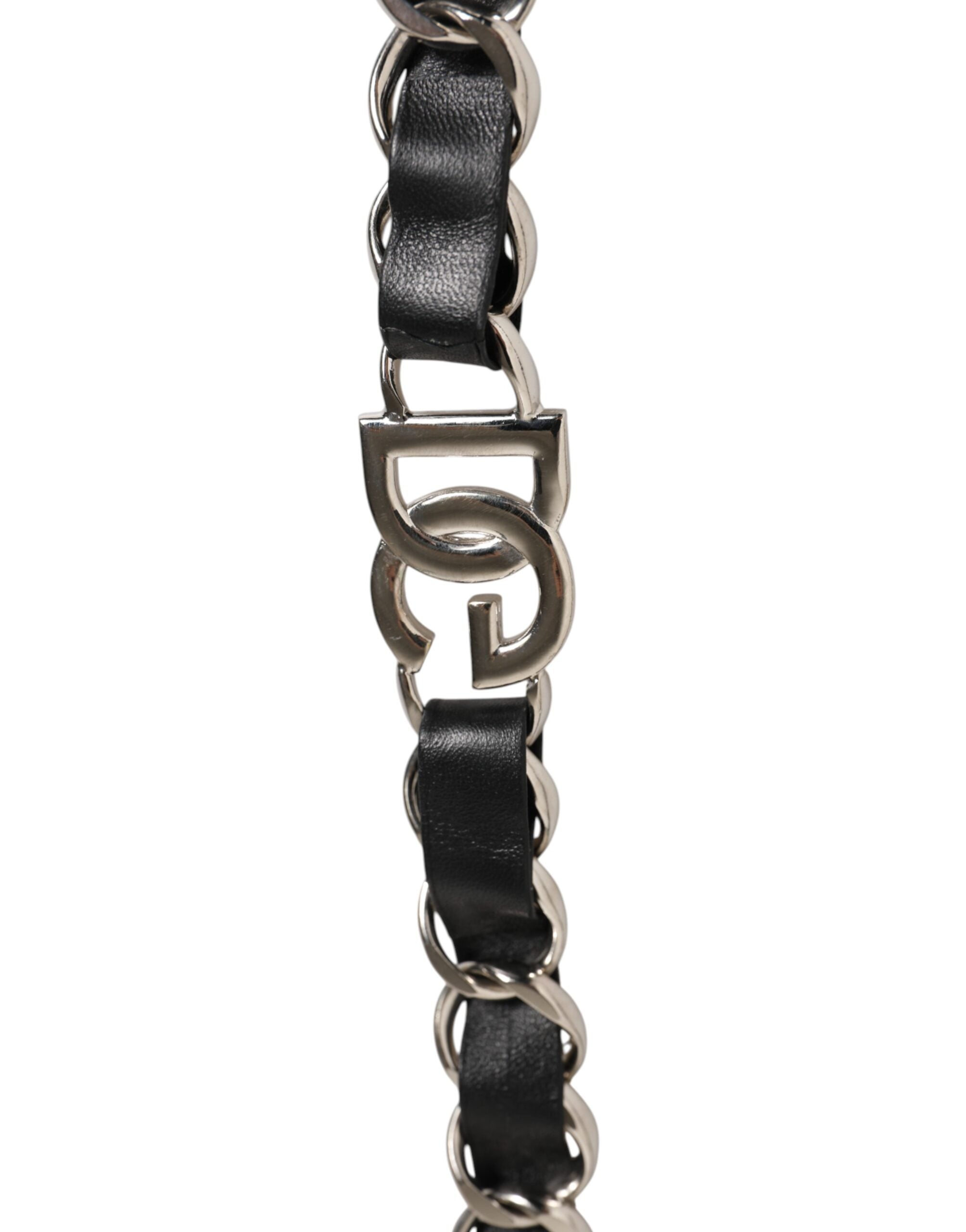 Dolce & Gabbana Black Calf Leather Silver Chain Crossbody Bag Strap with DG Logo Dolce & Gabbana