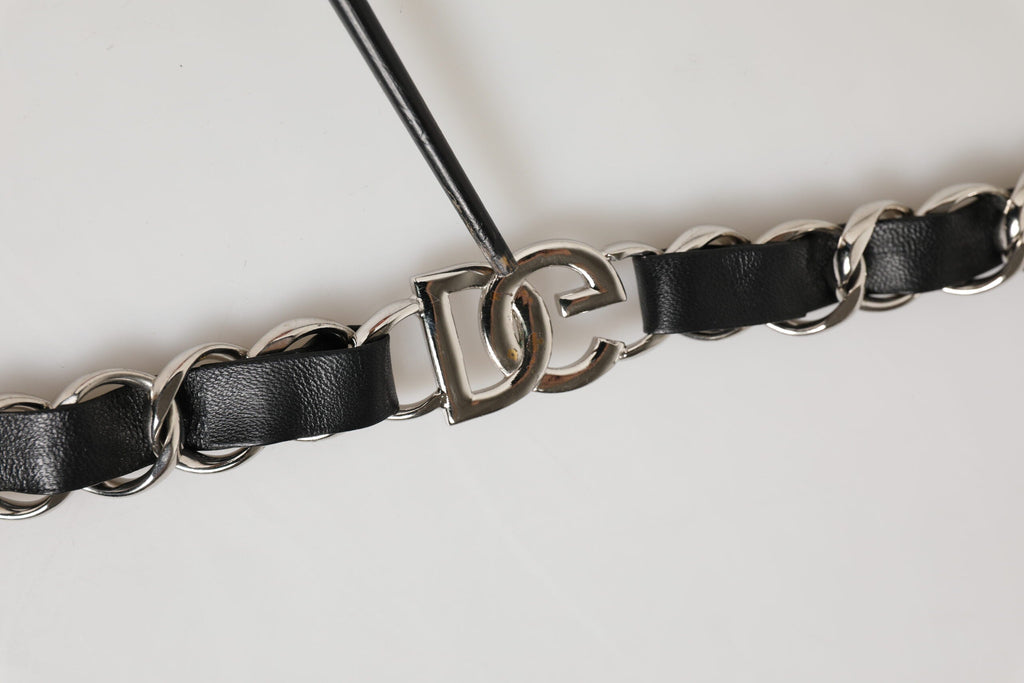 Dolce & Gabbana Black Calf Leather Silver Chain Crossbody Bag Strap with DG Logo Dolce & Gabbana